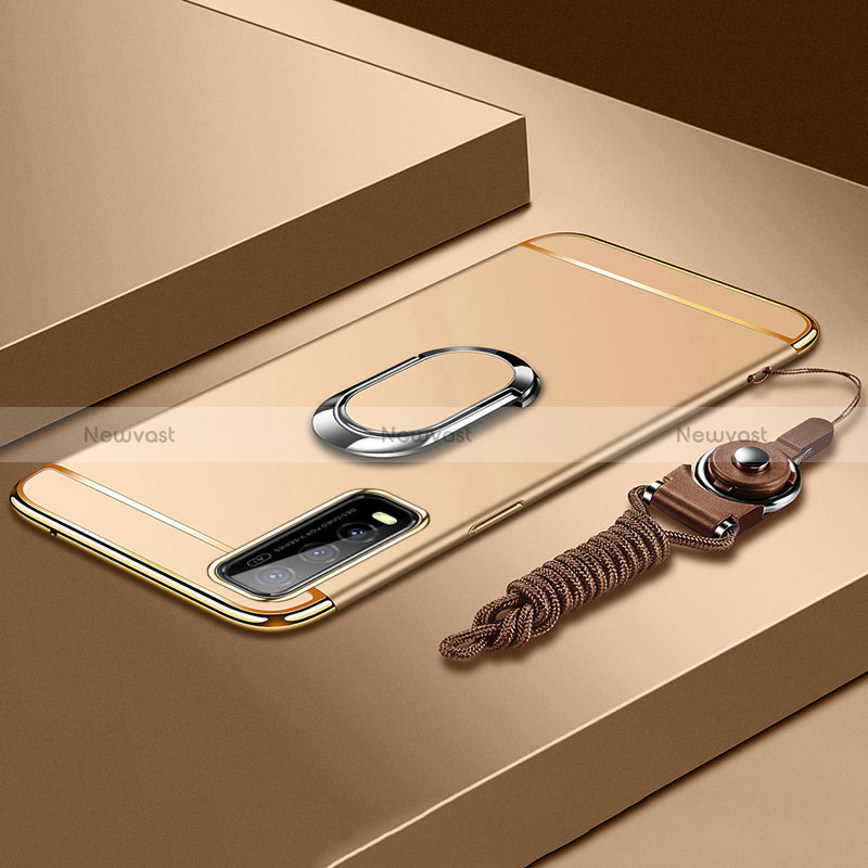 Luxury Metal Frame and Plastic Back Cover Case with Finger Ring Stand for Vivo Y51s 5G Gold