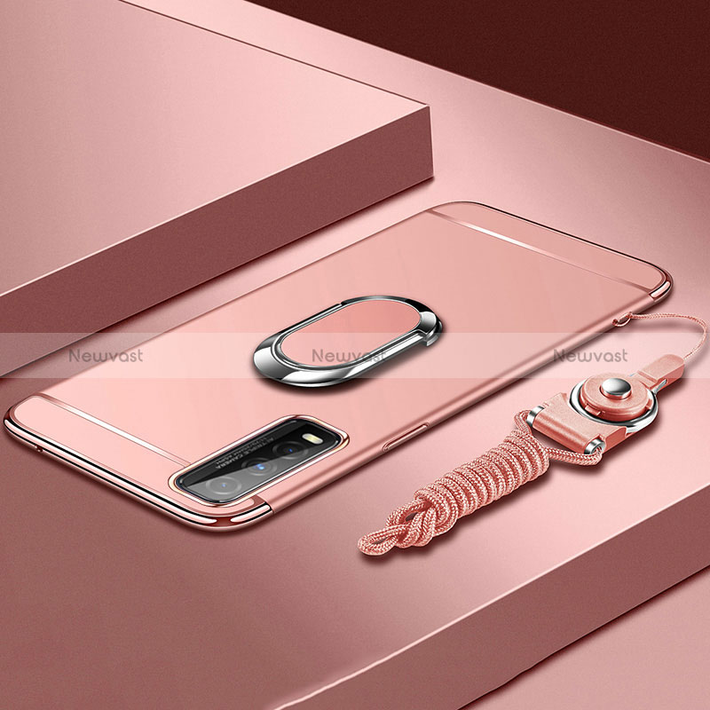 Luxury Metal Frame and Plastic Back Cover Case with Finger Ring Stand for Vivo Y51s 5G Rose Gold