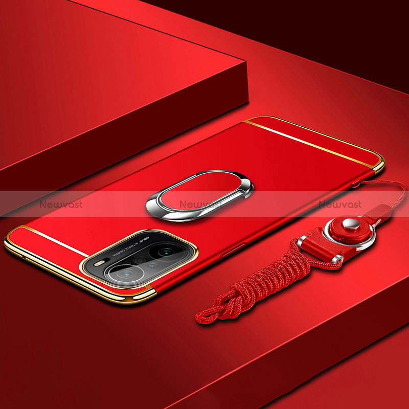 Luxury Metal Frame and Plastic Back Cover Case with Finger Ring Stand for Xiaomi Mi 11i 5G Red