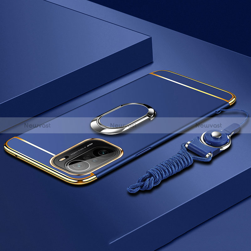 Luxury Metal Frame and Plastic Back Cover Case with Finger Ring Stand for Xiaomi Mi 11X 5G Blue