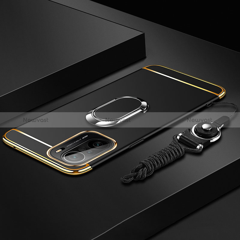 Luxury Metal Frame and Plastic Back Cover Case with Finger Ring Stand for Xiaomi Poco F3 5G Black