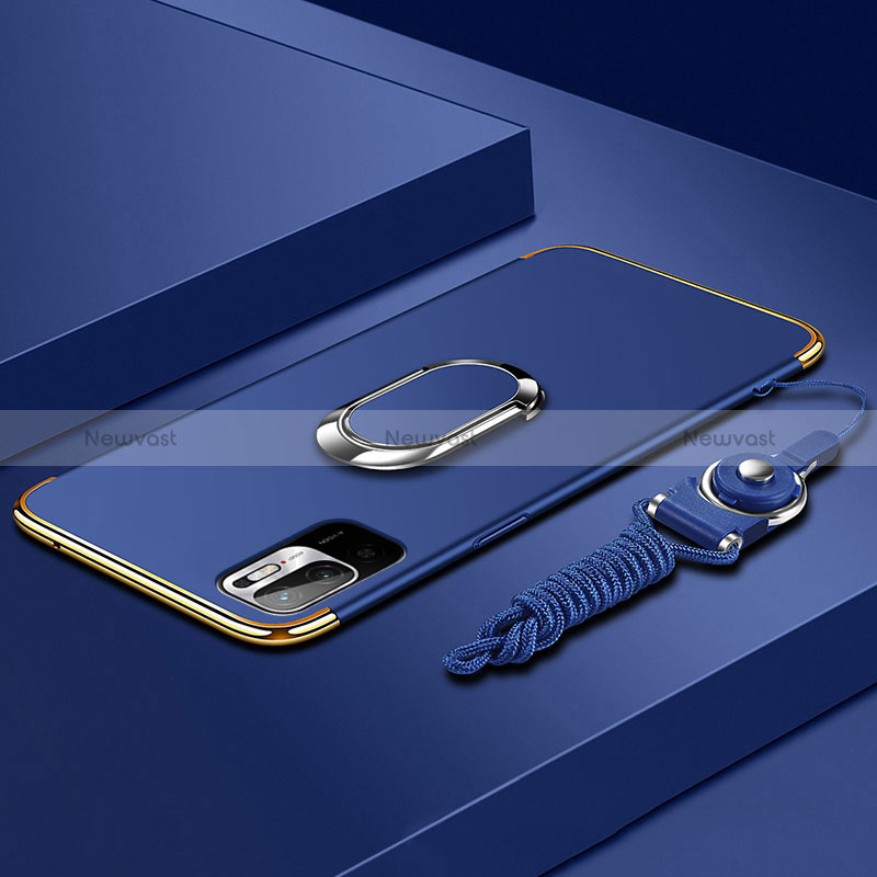 Luxury Metal Frame and Plastic Back Cover Case with Finger Ring Stand for Xiaomi POCO M3 Pro 5G Blue