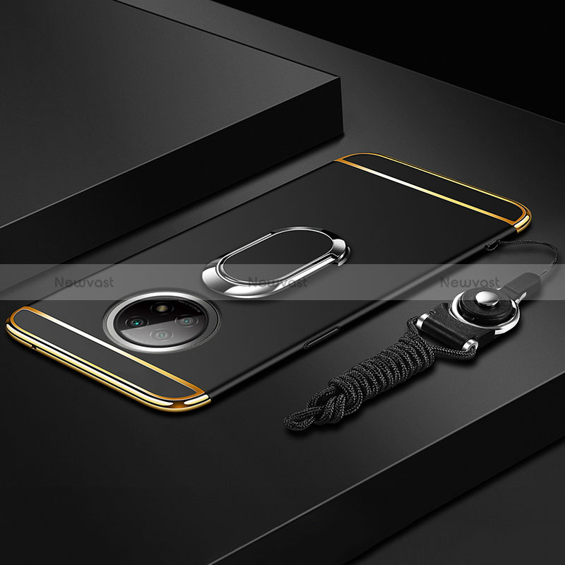 Luxury Metal Frame and Plastic Back Cover Case with Finger Ring Stand for Xiaomi Redmi Note 9 5G Black