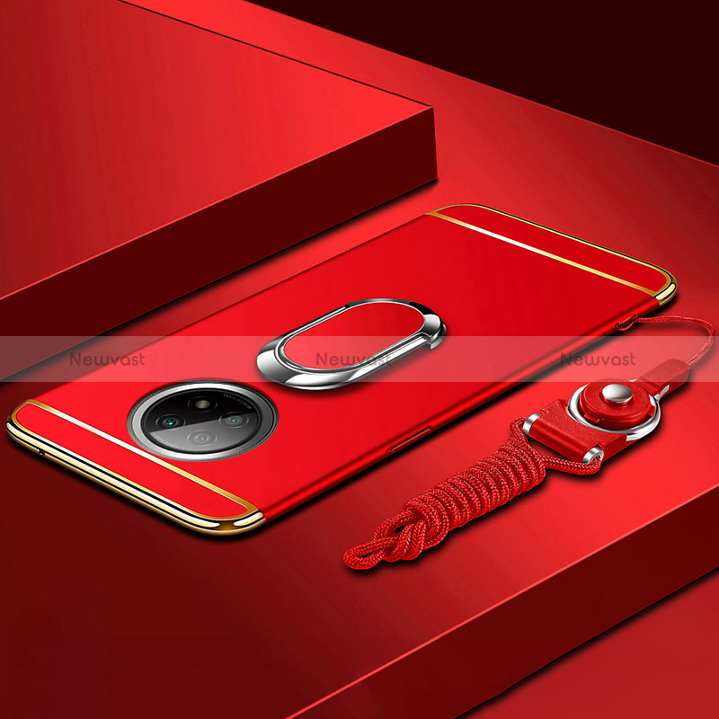 Luxury Metal Frame and Plastic Back Cover Case with Finger Ring Stand for Xiaomi Redmi Note 9 5G Red