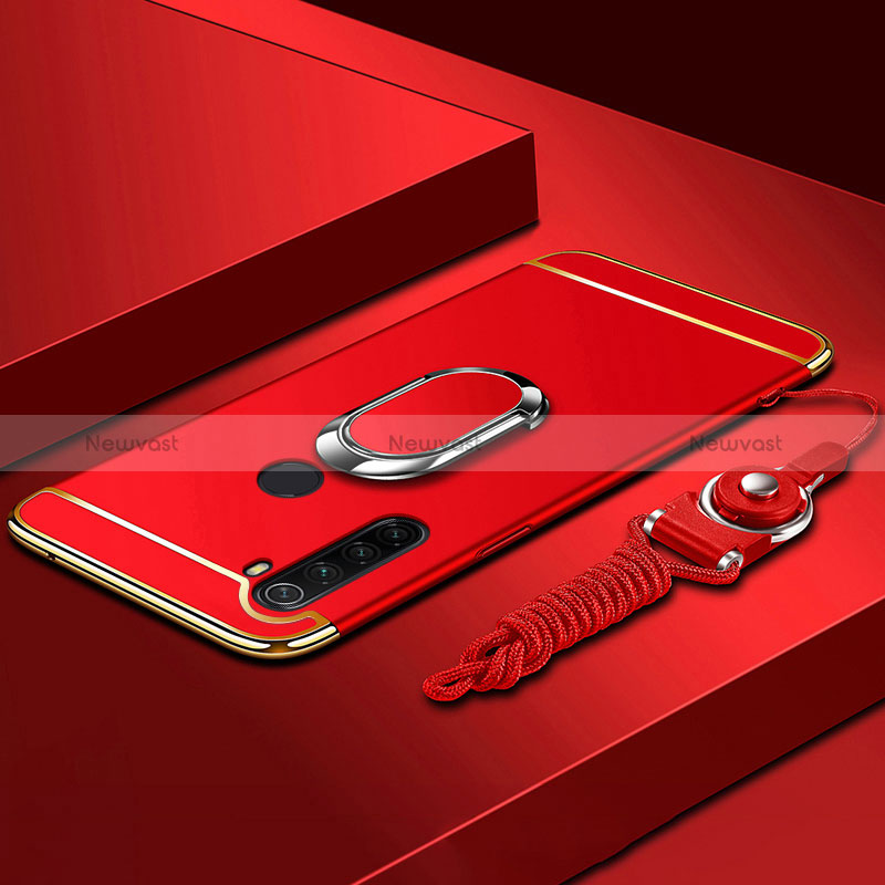 Luxury Metal Frame and Plastic Back Cover Case with Finger Ring Stand K01 for Xiaomi Redmi Note 8 (2021) Red