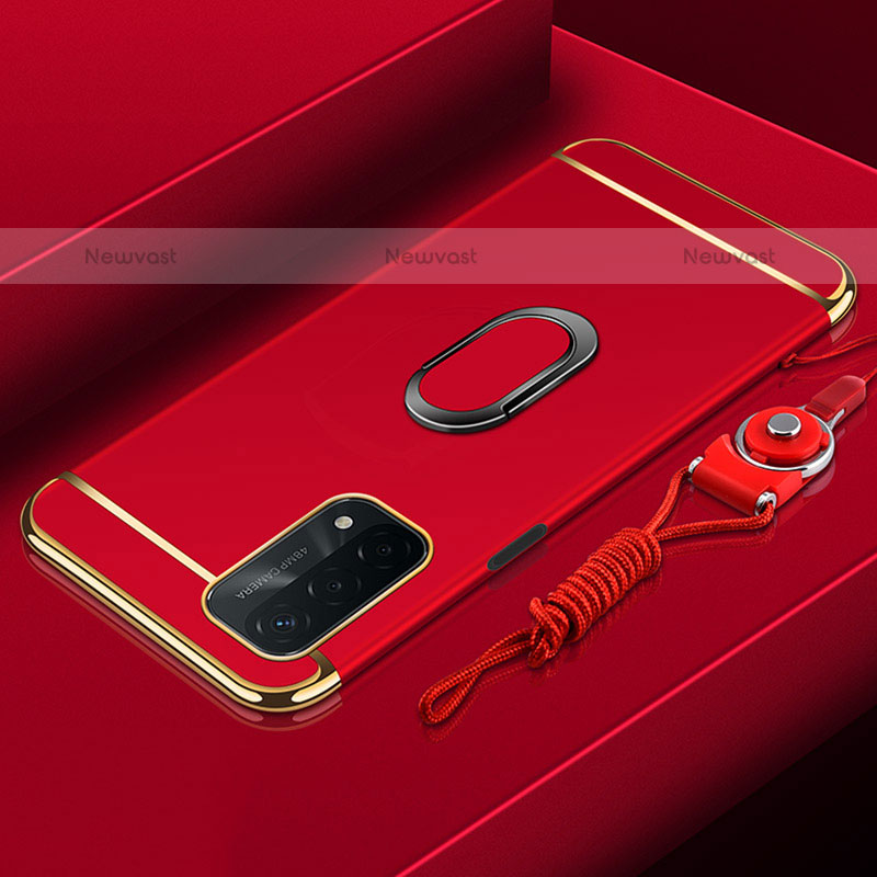 Luxury Metal Frame and Plastic Back Cover Case with Finger Ring Stand P01 for OnePlus Nord N200 5G Red