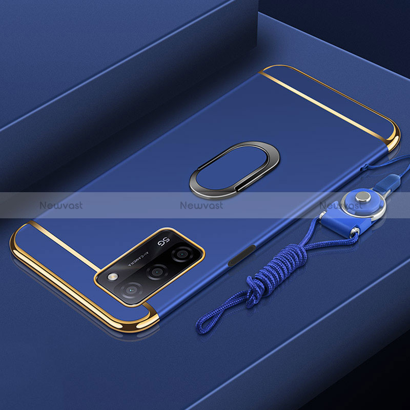 Luxury Metal Frame and Plastic Back Cover Case with Finger Ring Stand P01 for Oppo A53s 5G Blue