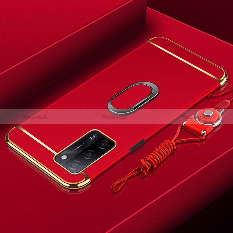 Luxury Metal Frame and Plastic Back Cover Case with Finger Ring Stand P01 for Oppo A53s 5G Red