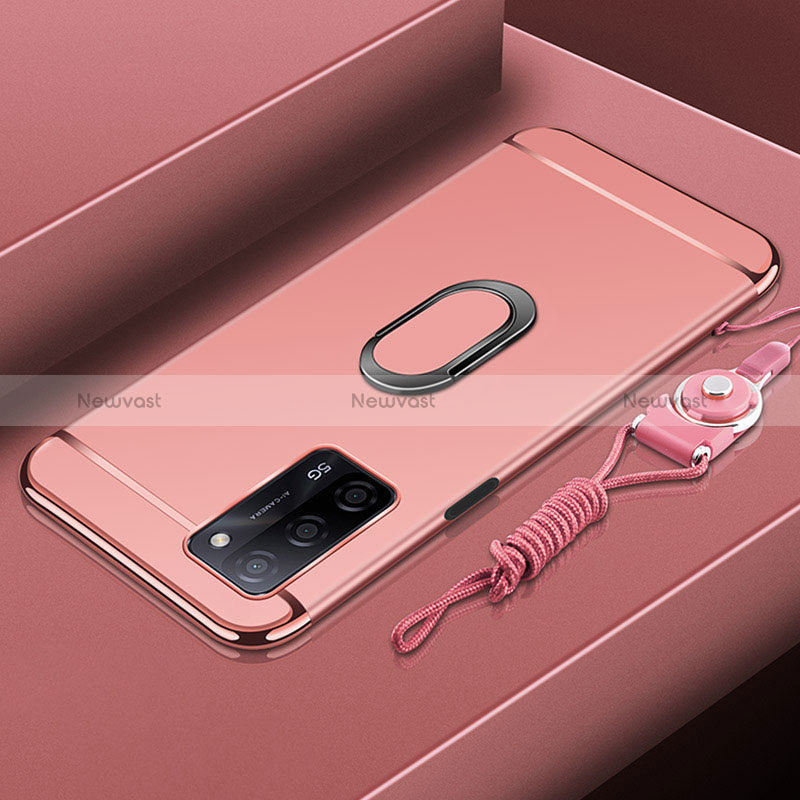 Luxury Metal Frame and Plastic Back Cover Case with Finger Ring Stand P01 for Oppo A53s 5G Rose Gold