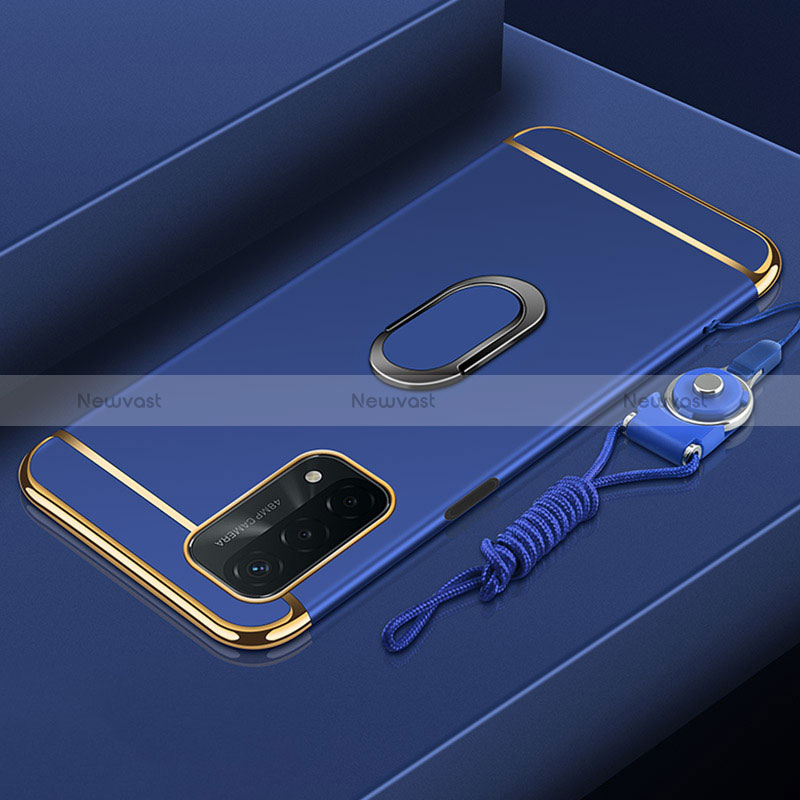 Luxury Metal Frame and Plastic Back Cover Case with Finger Ring Stand P01 for Oppo A54 5G Blue