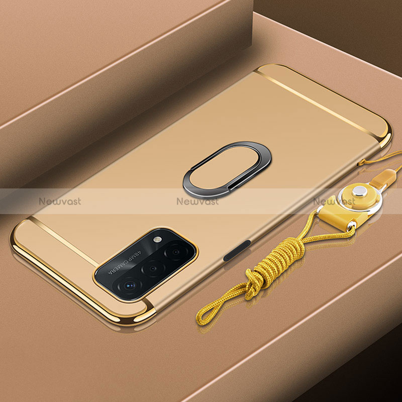 Luxury Metal Frame and Plastic Back Cover Case with Finger Ring Stand P01 for Oppo A54 5G Gold