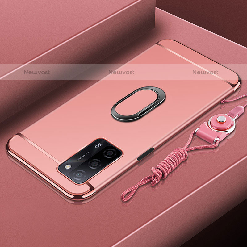 Luxury Metal Frame and Plastic Back Cover Case with Finger Ring Stand P01 for Oppo A55 5G