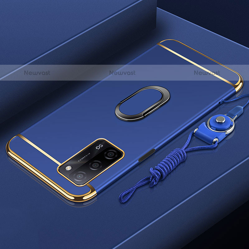 Luxury Metal Frame and Plastic Back Cover Case with Finger Ring Stand P01 for Oppo A55 5G Blue