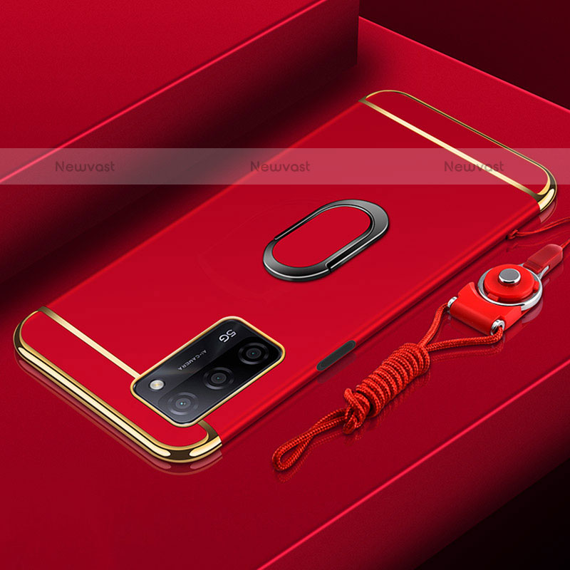 Luxury Metal Frame and Plastic Back Cover Case with Finger Ring Stand P01 for Oppo A55 5G Red