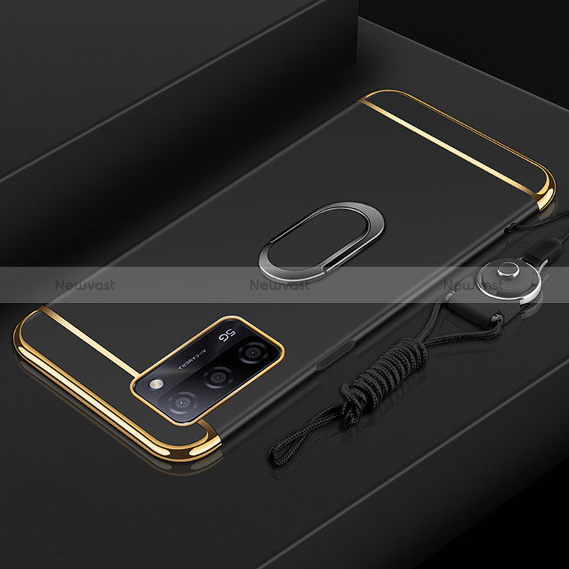 Luxury Metal Frame and Plastic Back Cover Case with Finger Ring Stand P01 for Oppo A56 5G Black