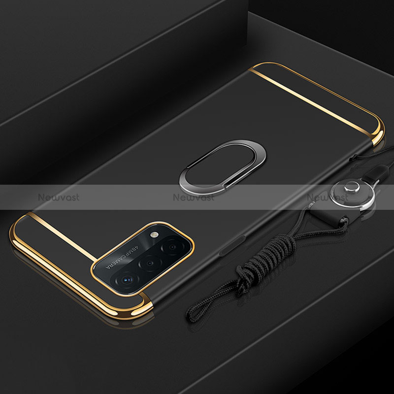 Luxury Metal Frame and Plastic Back Cover Case with Finger Ring Stand P01 for Oppo A74 5G Black