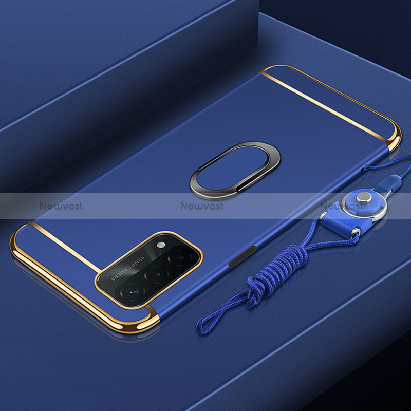 Luxury Metal Frame and Plastic Back Cover Case with Finger Ring Stand P01 for Oppo A74 5G Blue