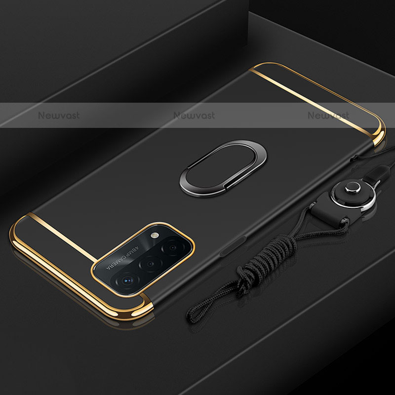 Luxury Metal Frame and Plastic Back Cover Case with Finger Ring Stand P01 for Oppo A93 5G Black