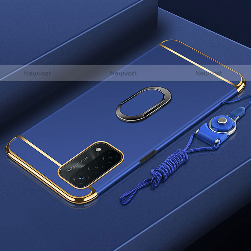 Luxury Metal Frame and Plastic Back Cover Case with Finger Ring Stand P01 for Oppo A93 5G Blue