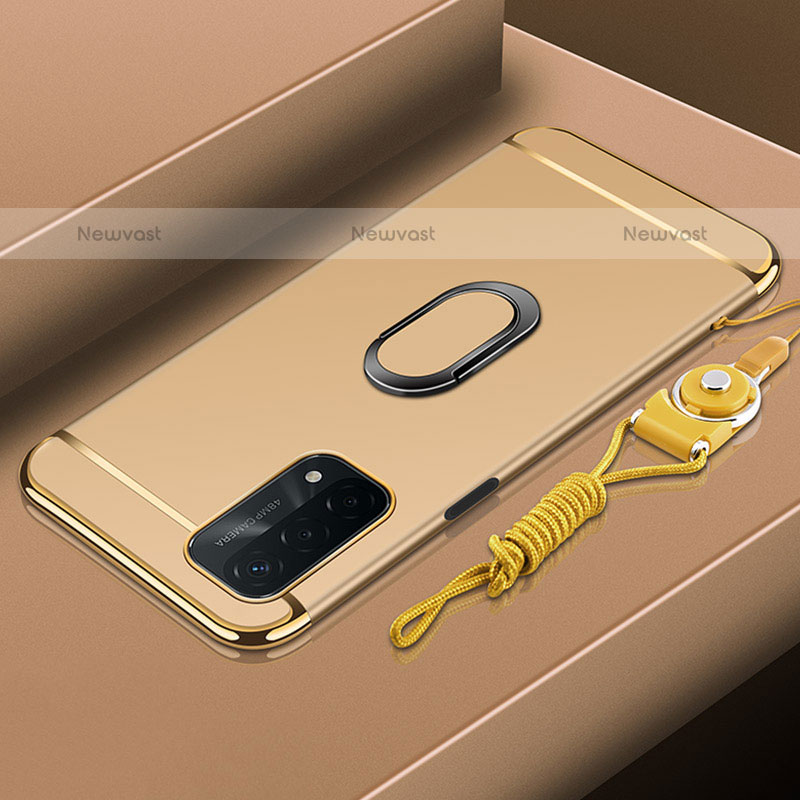 Luxury Metal Frame and Plastic Back Cover Case with Finger Ring Stand P01 for Oppo A93 5G Gold