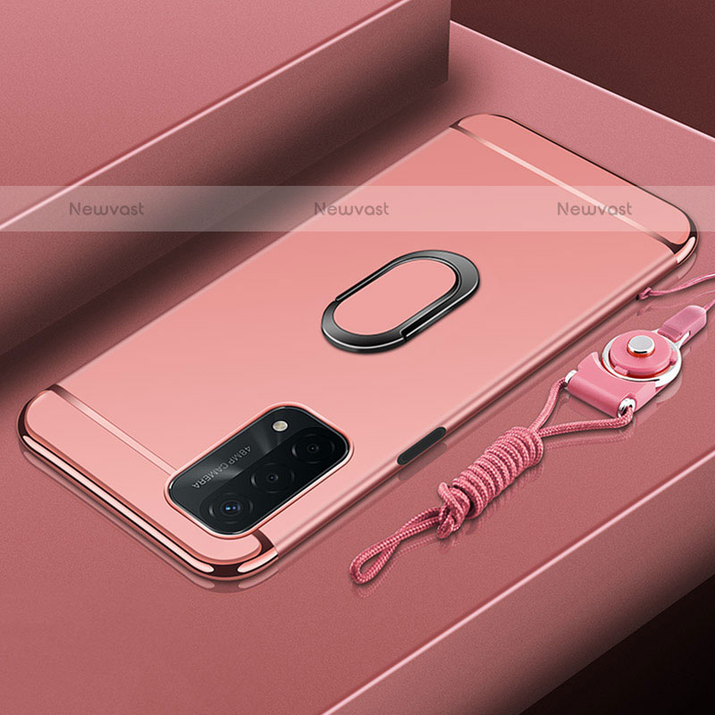 Luxury Metal Frame and Plastic Back Cover Case with Finger Ring Stand P01 for Oppo A93 5G Rose Gold