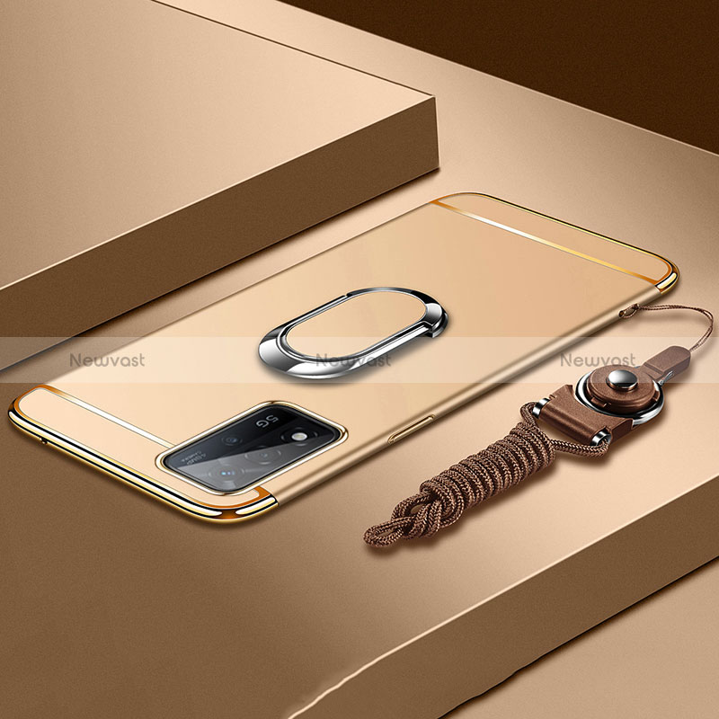 Luxury Metal Frame and Plastic Back Cover Case with Finger Ring Stand P01 for Oppo A93s 5G