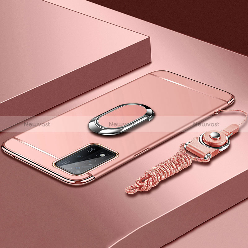 Luxury Metal Frame and Plastic Back Cover Case with Finger Ring Stand P01 for Oppo A93s 5G