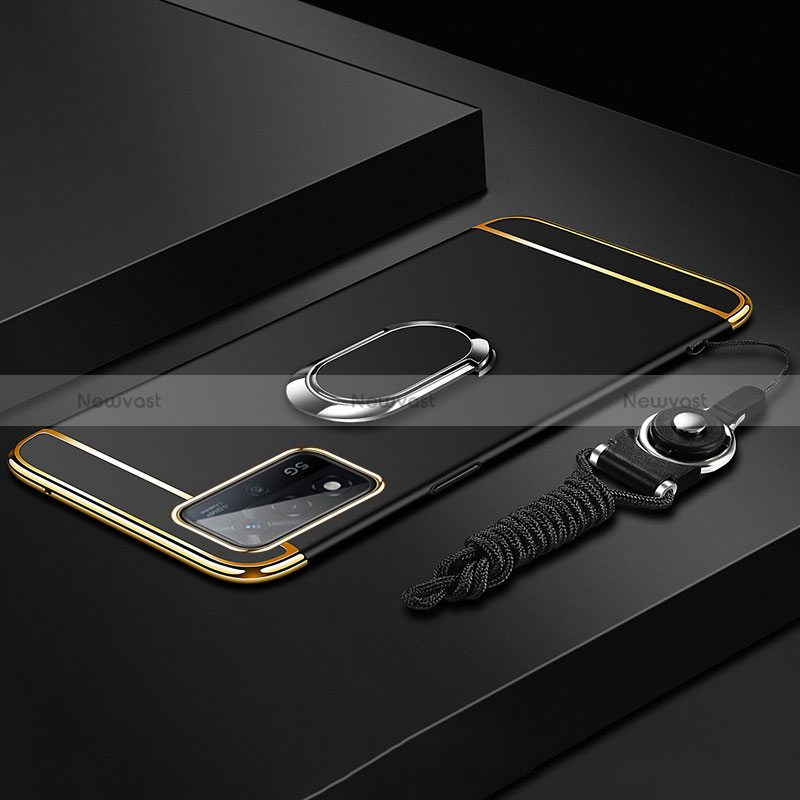 Luxury Metal Frame and Plastic Back Cover Case with Finger Ring Stand P01 for Oppo A93s 5G Black