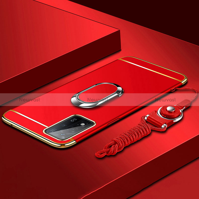 Luxury Metal Frame and Plastic Back Cover Case with Finger Ring Stand P01 for Oppo A93s 5G Red