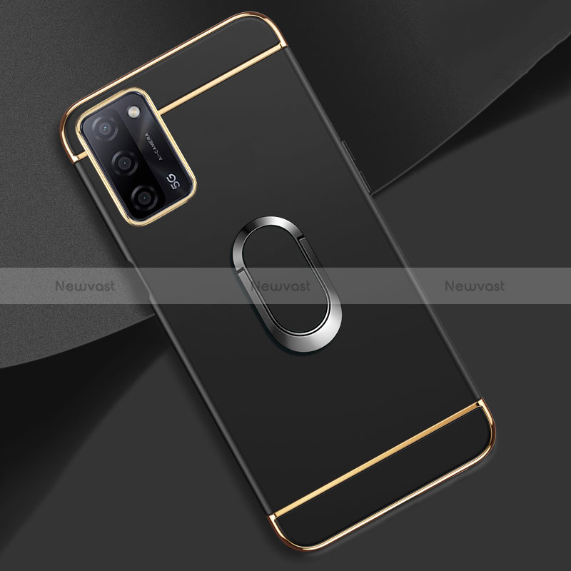 Luxury Metal Frame and Plastic Back Cover Case with Finger Ring Stand P02 for Oppo A53s 5G Black