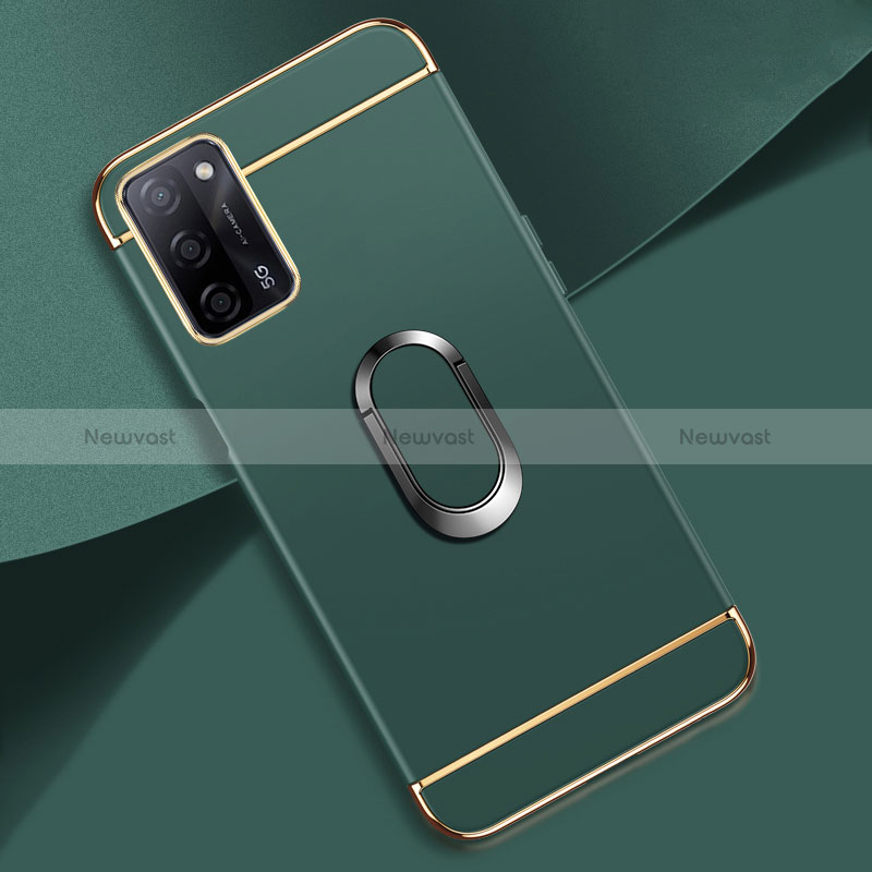 Luxury Metal Frame and Plastic Back Cover Case with Finger Ring Stand P02 for Oppo A53s 5G Midnight Green