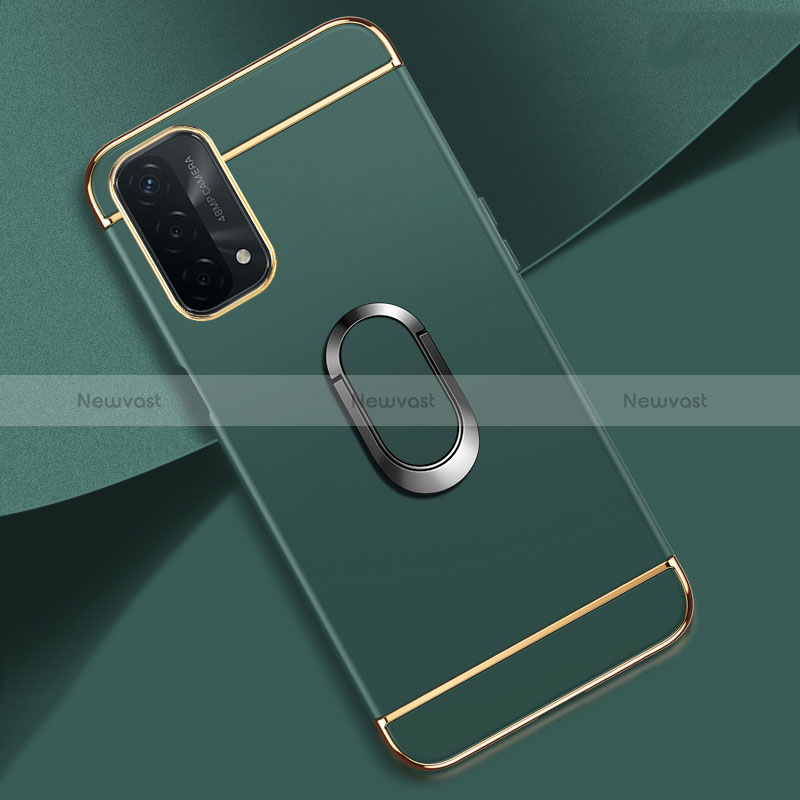 Luxury Metal Frame and Plastic Back Cover Case with Finger Ring Stand P02 for Oppo A54 5G Midnight Green