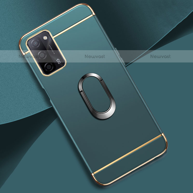 Luxury Metal Frame and Plastic Back Cover Case with Finger Ring Stand P02 for Oppo A55 5G Green