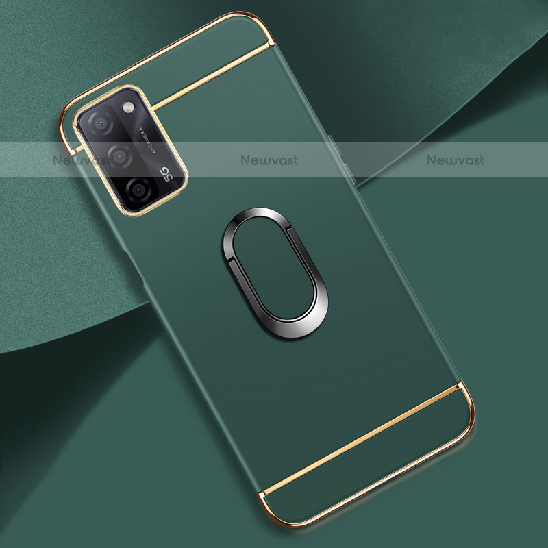 Luxury Metal Frame and Plastic Back Cover Case with Finger Ring Stand P02 for Oppo A55 5G Midnight Green