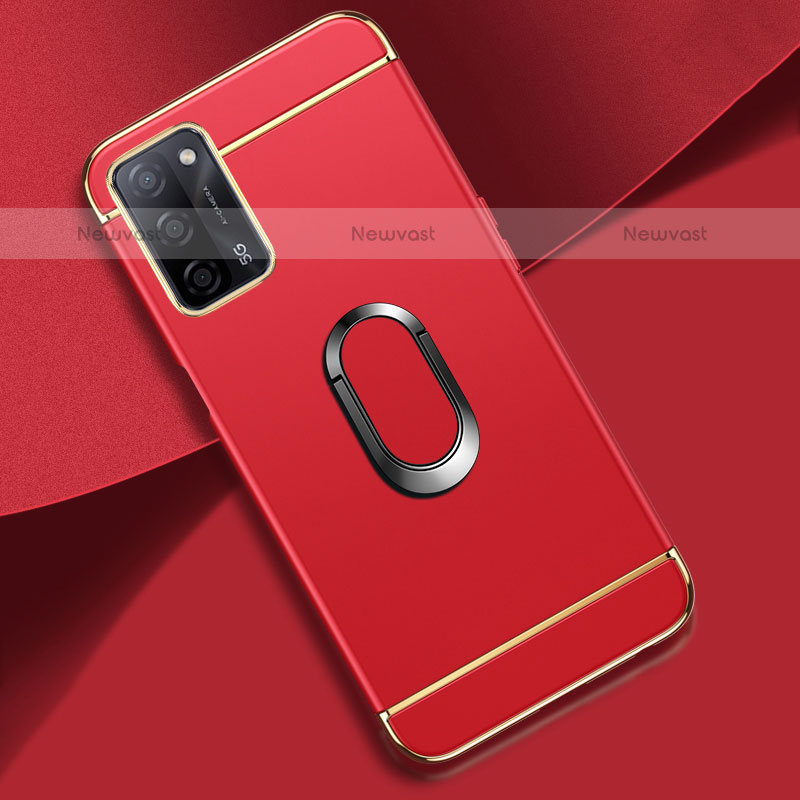 Luxury Metal Frame and Plastic Back Cover Case with Finger Ring Stand P02 for Oppo A55 5G Red