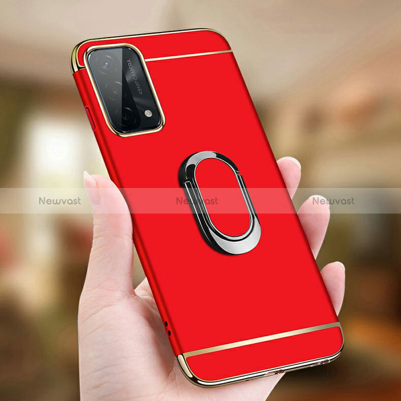 Luxury Metal Frame and Plastic Back Cover Case with Finger Ring Stand P02 for Oppo A74 5G