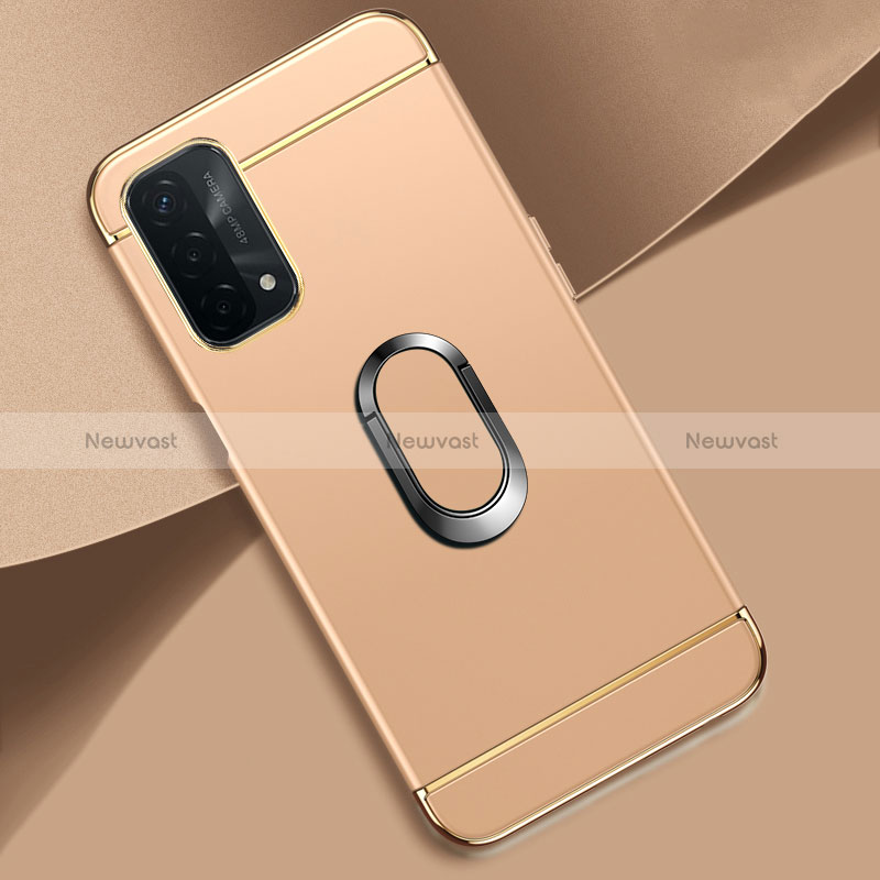 Luxury Metal Frame and Plastic Back Cover Case with Finger Ring Stand P02 for Oppo A74 5G