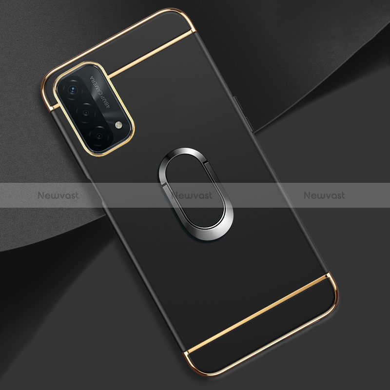 Luxury Metal Frame and Plastic Back Cover Case with Finger Ring Stand P02 for Oppo A74 5G Black