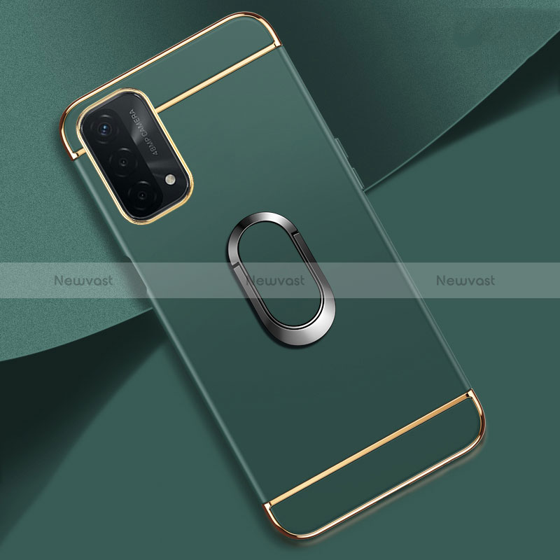 Luxury Metal Frame and Plastic Back Cover Case with Finger Ring Stand P02 for Oppo A74 5G Midnight Green