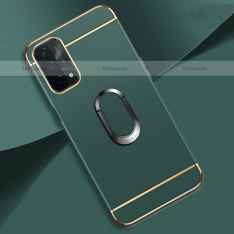 Luxury Metal Frame and Plastic Back Cover Case with Finger Ring Stand P02 for Oppo A93 5G Midnight Green