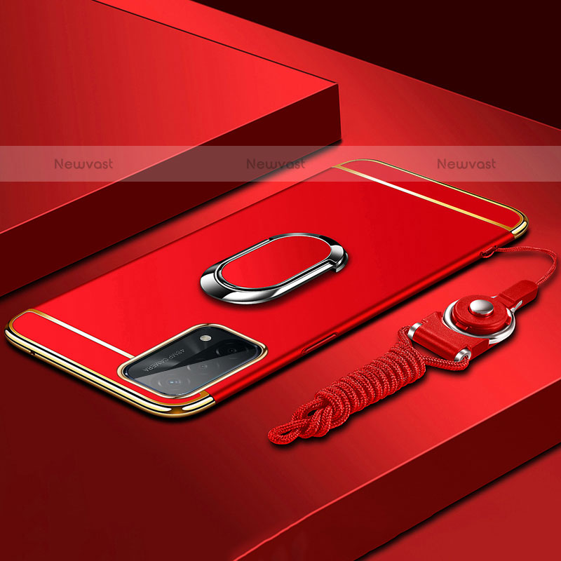 Luxury Metal Frame and Plastic Back Cover Case with Finger Ring Stand P03 for OnePlus Nord N200 5G Red