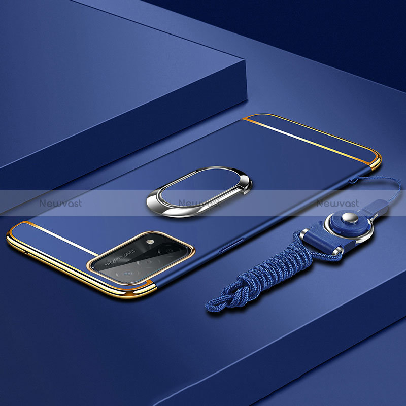 Luxury Metal Frame and Plastic Back Cover Case with Finger Ring Stand P03 for Oppo A54 5G Blue