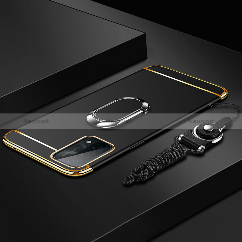 Luxury Metal Frame and Plastic Back Cover Case with Finger Ring Stand P03 for Oppo A74 5G Black