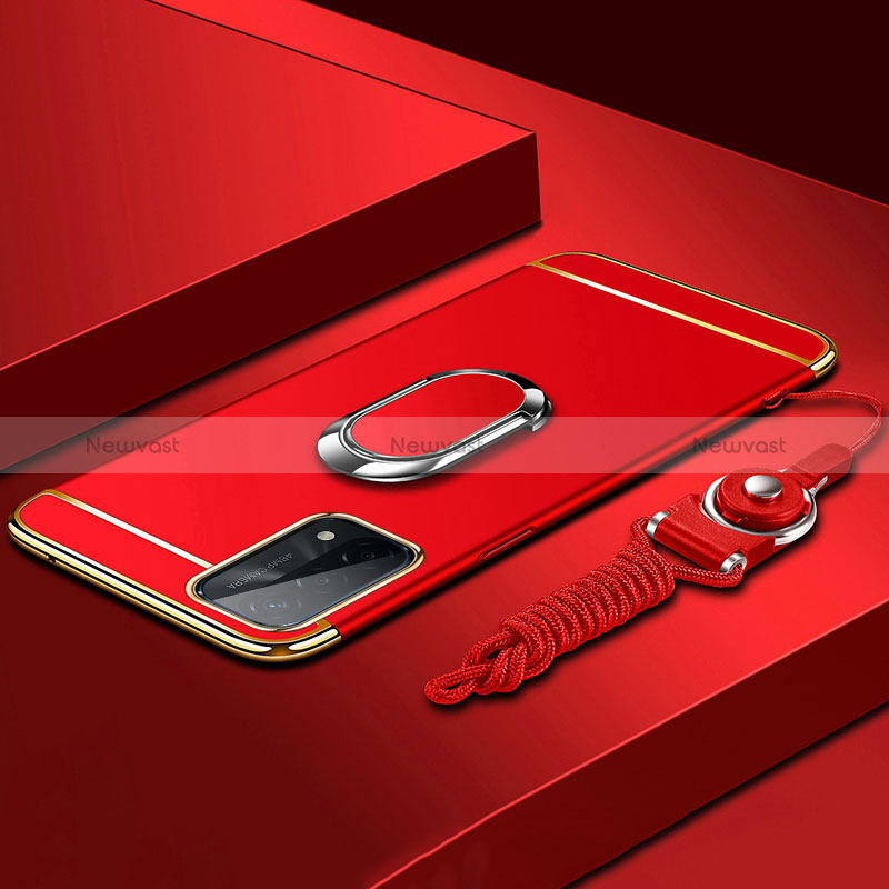 Luxury Metal Frame and Plastic Back Cover Case with Finger Ring Stand P03 for Oppo A74 5G Red