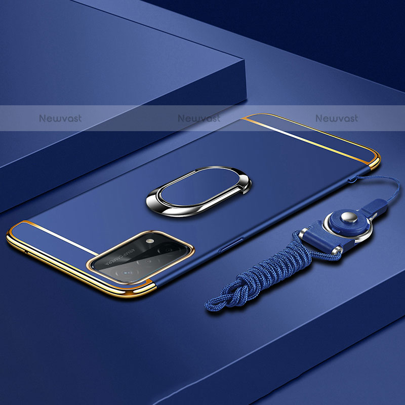 Luxury Metal Frame and Plastic Back Cover Case with Finger Ring Stand P03 for Oppo A93 5G Blue