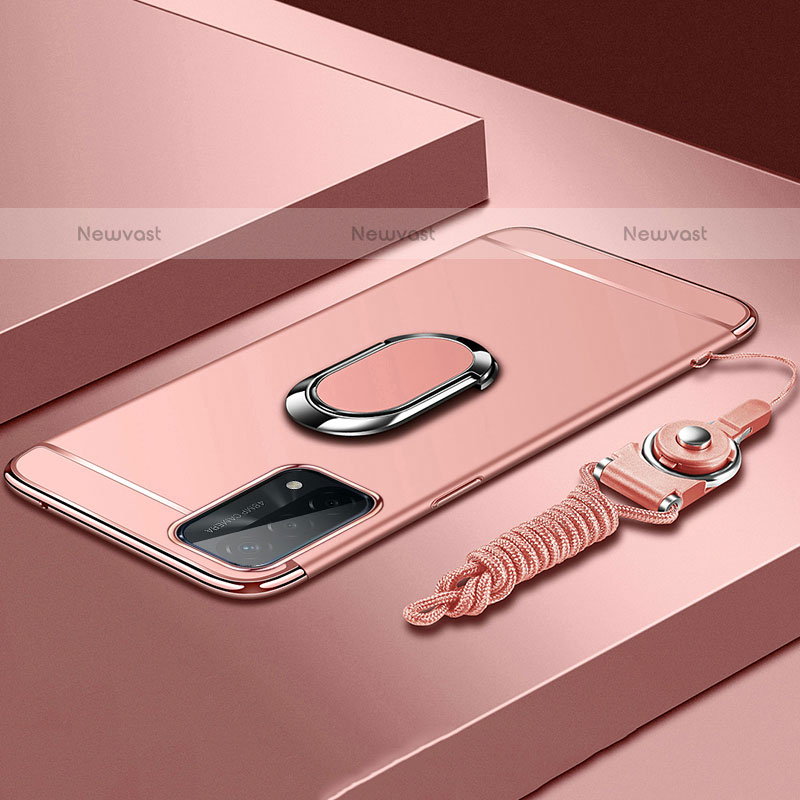 Luxury Metal Frame and Plastic Back Cover Case with Finger Ring Stand P03 for Oppo A93 5G Rose Gold