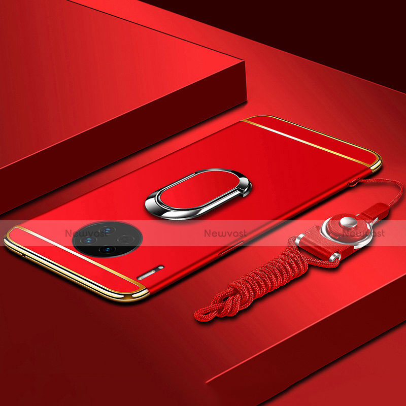 Luxury Metal Frame and Plastic Back Cover Case with Finger Ring Stand T01 for Huawei Mate 30 5G Red