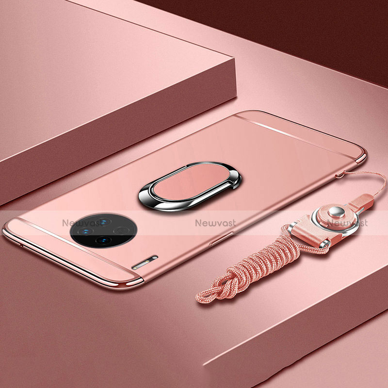 Luxury Metal Frame and Plastic Back Cover Case with Finger Ring Stand T01 for Huawei Mate 30 5G Rose Gold