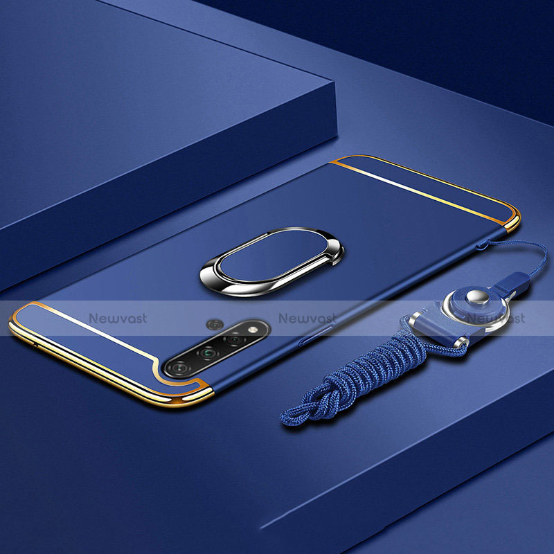 Luxury Metal Frame and Plastic Back Cover Case with Finger Ring Stand T01 for Huawei Nova 5 Pro Blue