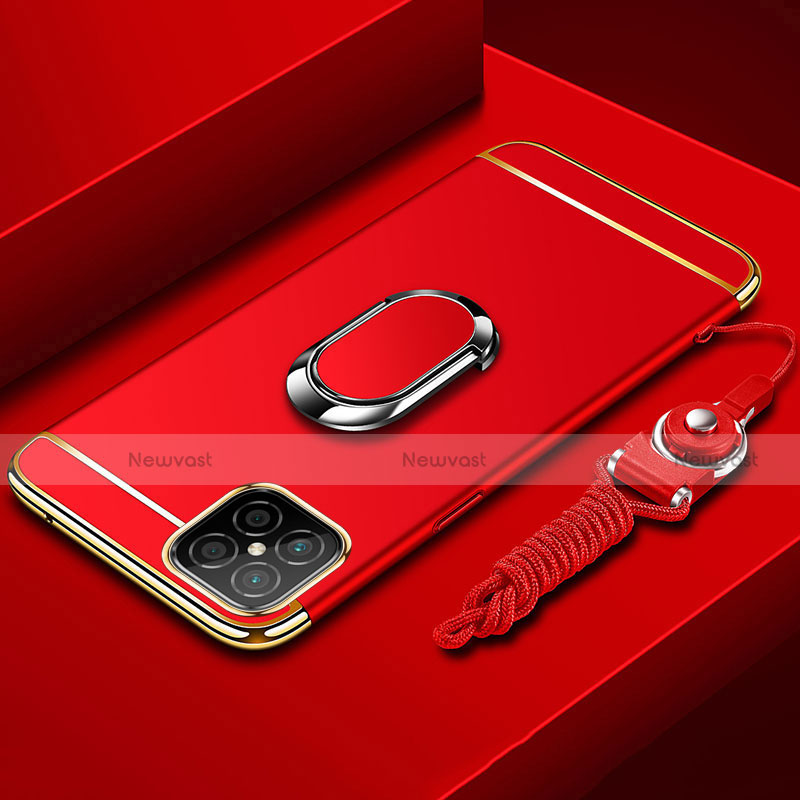 Luxury Metal Frame and Plastic Back Cover Case with Finger Ring Stand T01 for Huawei Nova 8 SE 5G Red